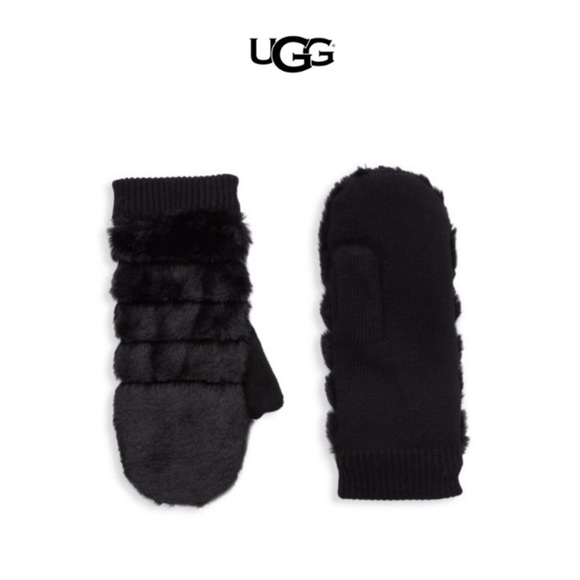 UGG Black Faux Fur Wool Mittens NWT - Picture 1 of 16